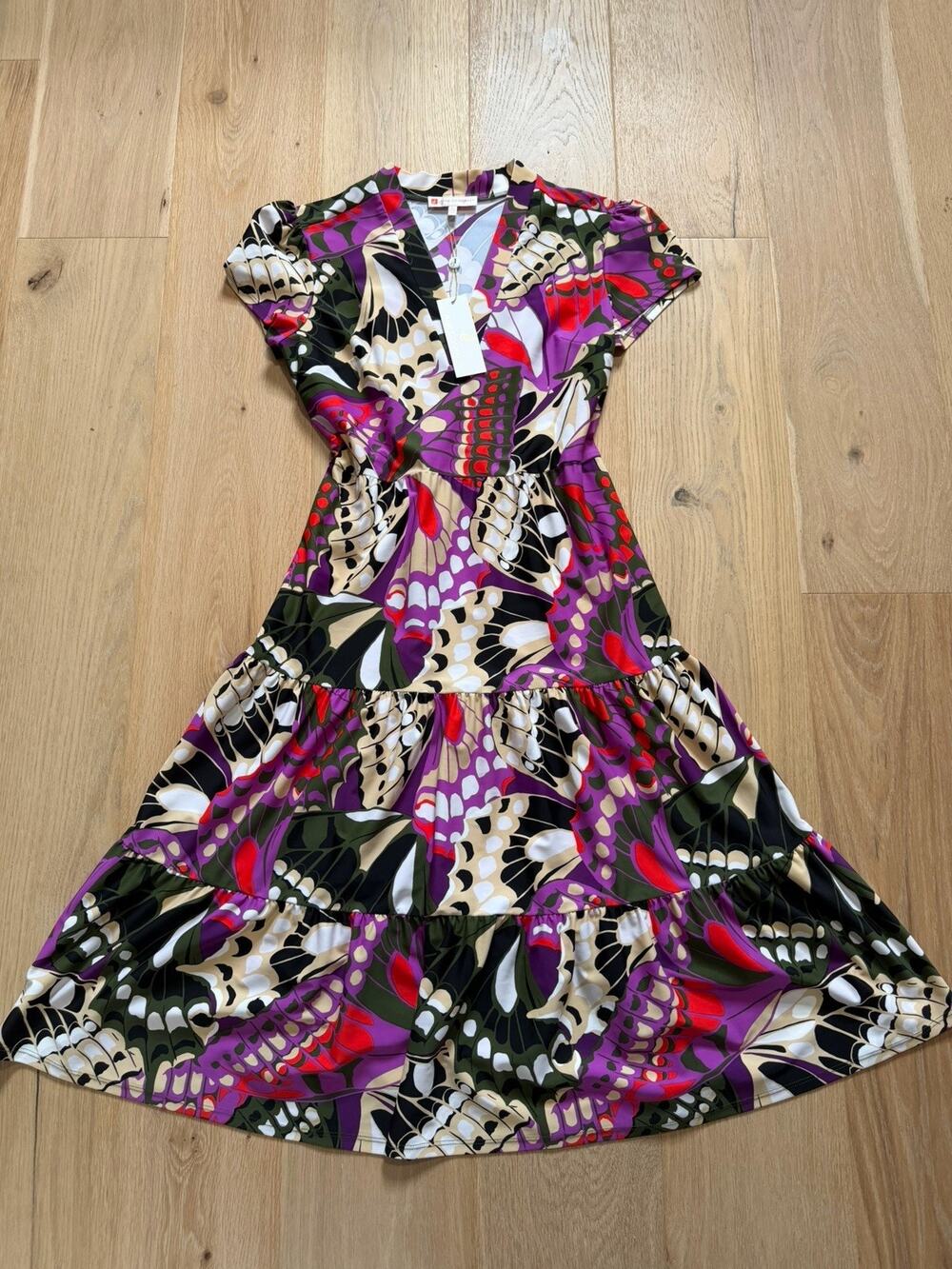 NWT Jude Connally Portia Tier Midi Dress Butterfly Mosaic S Flounce Hem Whimsi
